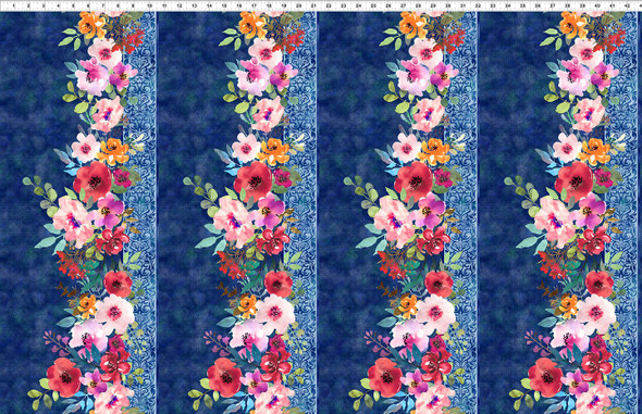 In The Beginning - Glorious Garden 1GAR1 Border Stripe Blue Floral | SOLD BY THE HALF-YARD